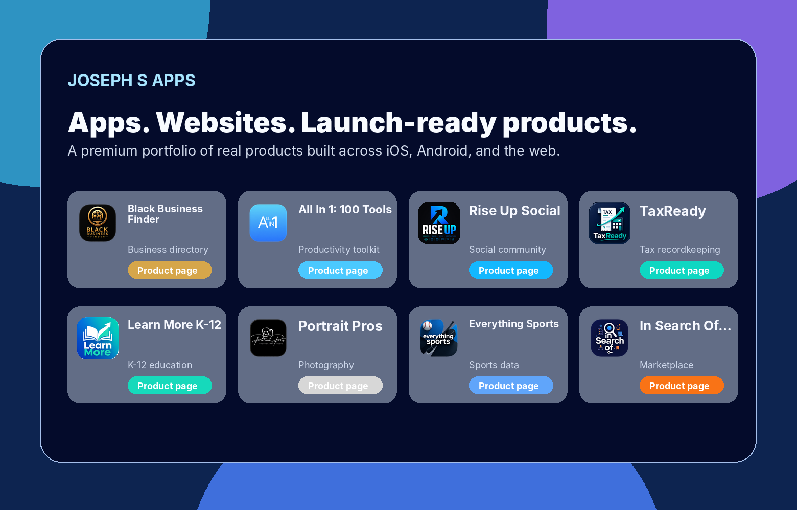 Joseph S Apps portfolio showcase with eight app products