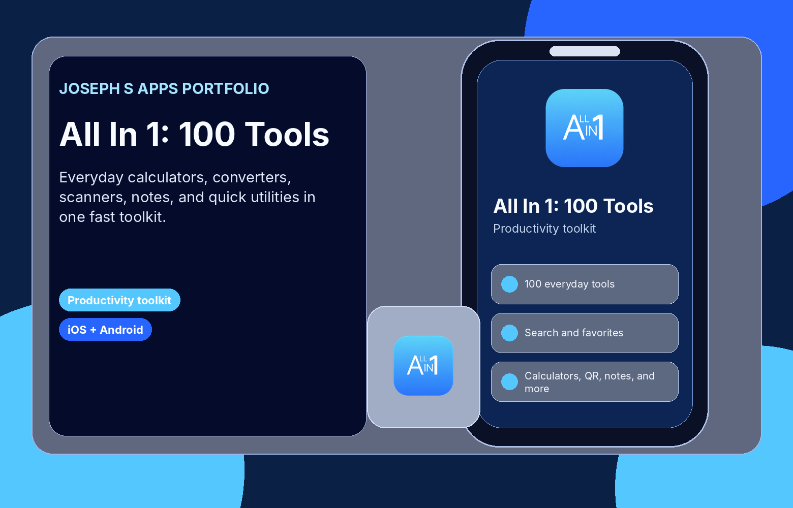 Promotional graphic for All In 1: 100 Tools